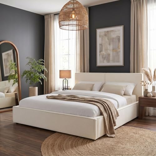 IDIMEX Lit Double Calm, Rembourré 160 x 200 cm Queen Size, Blanc Crème, Confort Optimal avec Sommier à Lattes Inclus, Tête de Lit en Tissu, Design Simple...