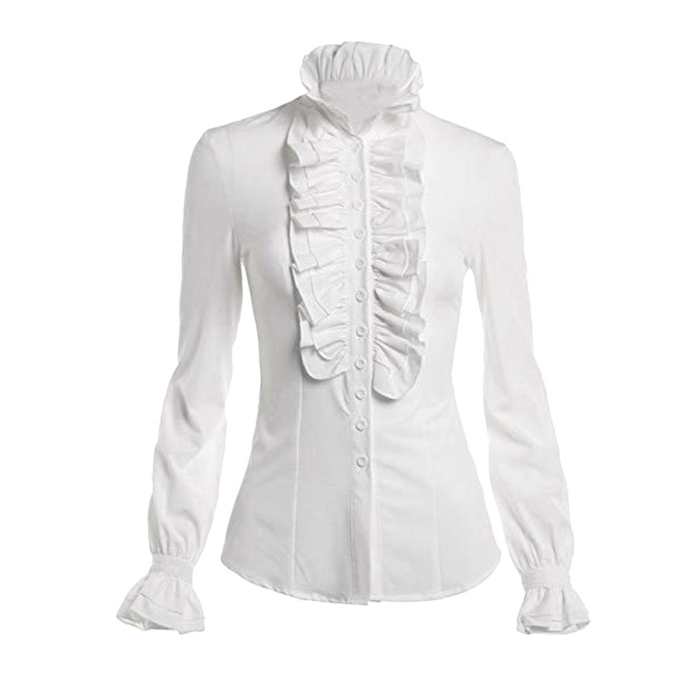 Keepmore Women's White(Ruffle Sleeve) Vintage Victorian Button Down Blouse High Neck Shirt Long Sleeve Formal Work Tops Chic Plus Size Shirts Black/White