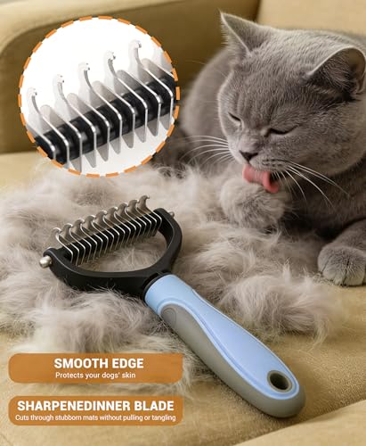 Image of Double Sided Dematting Comb for Dogs & Cats - 2-in-1 Undercoat Rake & Double Coat Dog Brush, Pet Grooming Tool for Removing Mats & Deshedding (Blue)
