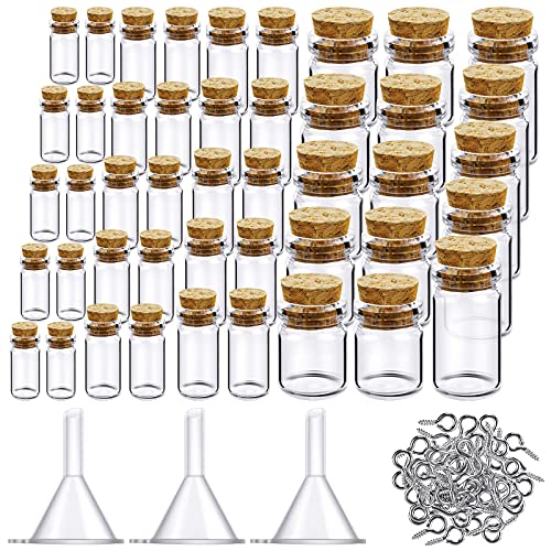 Sherli 45 Pcs Small Mini Glass Bottles with Cork Stoppers Small Glass Jars with Lids Tiny Spell Jars with 50 Eye Screws and 3 Funnels for DIY Art Craft(0.5ml 1ml 3ml 5ml 10ml)