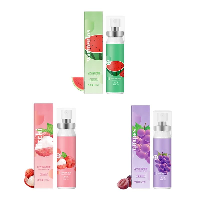Spray bucal aliento fresco, sabor a fruta para neutralizar el mal aliento, invisible y portátil para viajes, efecto instantáneo, ideal para oficina, viajes e higiene diaria, 3 unidades