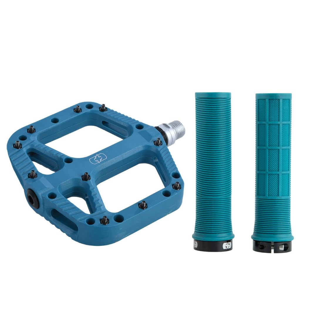 Oxford MTB Grip & Pedal Set – Lock-On Grips + Loam 2.0 Nylon Flat Pedals | Mountain Bike Components, Colour-Matched Pair – Blue - Trail Riding, Enduro Biking, Enhanced Grip & Control