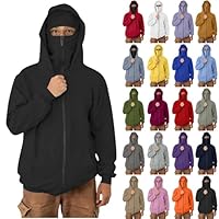 Men's Balaclava Hoodie with Face Mask Double Layer Zip Up Ski Jacket with Built-in Mask Unisex Winterproof Hooded Sweatshirt Black L