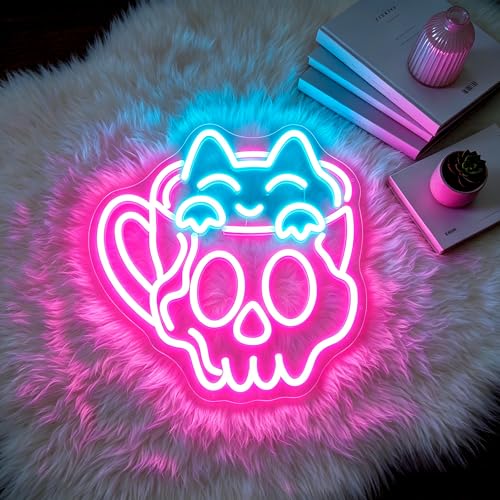 Image of Skeleton Cat Neon Sign for Wall Decor Skull Light Up Sign Hallowmas Led Signs for Room Party Home Wall Decor USB Powered