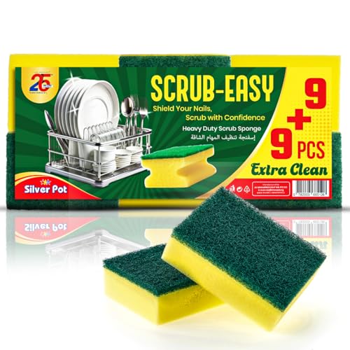 Silver Pot Kitchen Sponge & Scourer Pack of 18 (9+9Pcs Extra) 9cm Dual-Purpose Cleaning Sponge For Pots Pans Kitchen Utensils and Delicate Surfaces