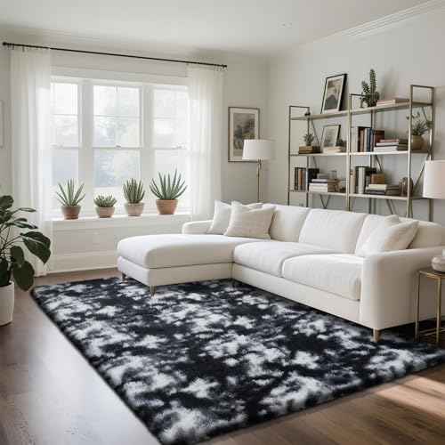 Fluffy Rug Shaggy Area Rug, Mottling Black 4x6 Area Rugs for Bedroom, Small Bedside Rug, Soft Fluffy Shaggy Entryway Throw Rugs for Living Room Bedroom Kids Room Home Decor