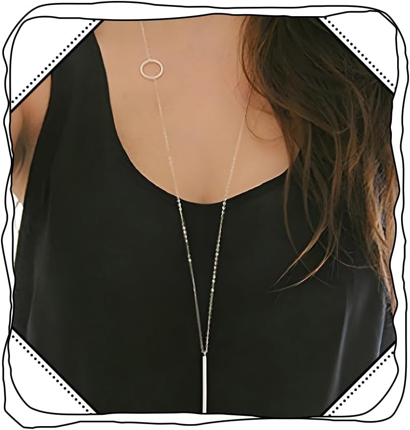 Leiothrix Long Pendant Necklace Silver Bar Necklaces Jewelry Y-Chain Circle Round Necklace for Women and Girls (Silver)