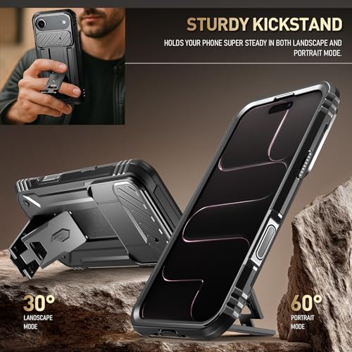 Image of Poetic for iPhone Air Case with Camera Control Capture Button, [Slide Camera Cover] [Built-in Stand] [Built-in Screen Protector] Full-Body Rugged Phone Case for iPhone 17 Air 6.5 inch, Black