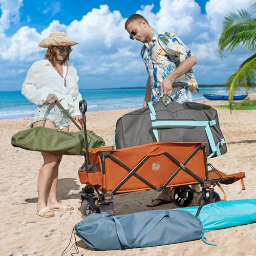 Image of Timber Ridge 47 inch L Collapsible Wagon with Tailgate & Brake, 300 lbs Heavy Duty Beach Wagon with All-Terrain Big Wheels, 250L Foldable Utility Cart for Sand Camping Sports Shopping, Orange