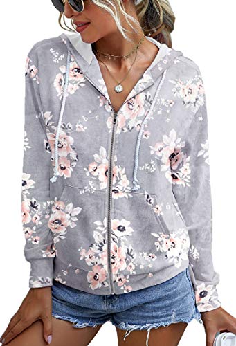 Angashion Women Hoodies-Tops- Floral Printed Long Sleeve Pocket Drawstring Sweatshirt With Pocket 2101 Light Grey L