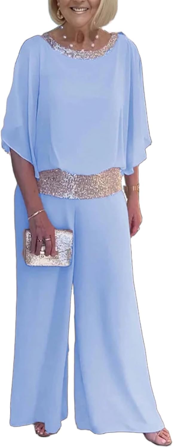Conjunto de Pantalones de Dos Piezas de Gasa para Mujer 3/4 de Lentejuelas Manga de murciélago Elegante pantalón Trajes Formales Fiesta de Noche