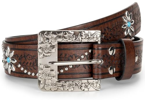 Western-Belts for Women Floral-Turquoise - Cowboy-Cowgirl Embossed PU-Leather-Belt with Flower-Buckle(for 28-38'')4