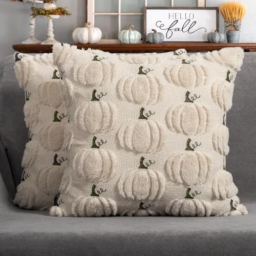 4TH Emotion Fall Pumpkin Decorative Pillow Covers 20x20 Set of 2 Beige Soft Plush Faux Fur Wool Farmhouse Throw Cushion Cases for Autumn Thanksgiving Holiday Home Decorations