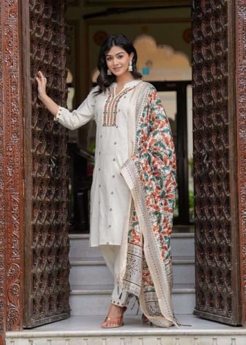 Image of Women's Cotton Embroidered Straight Kurti With Pant and Dupatta Set