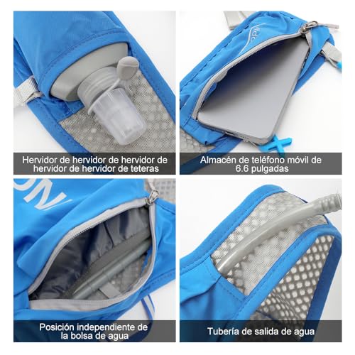 Imagen detallando las funciones de la mochila INOXTO, incluyendo almacenamiento para teléfono, almacenamiento de agua y sistema de salida de agua.
