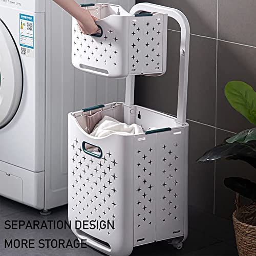 2-Tier Rolling Laundry Trolley Cart with Wheels and Handle - Collapsible Plastic Laundry Basket, Storage Bucket for Washing Hamper - Image 4