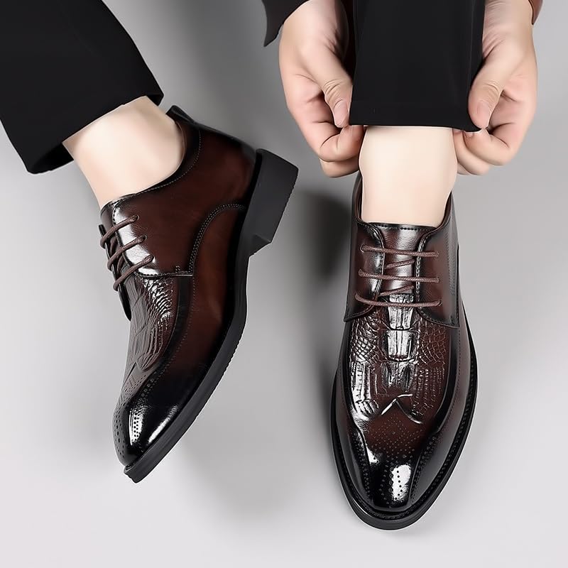 Formal Dress Shoes for Men Lace Up Round Burnished Toe Crocodile Print Derby Shoes Non Slip Anti-Slip Slip Resistant Block Heel Rubber Sole Party4
