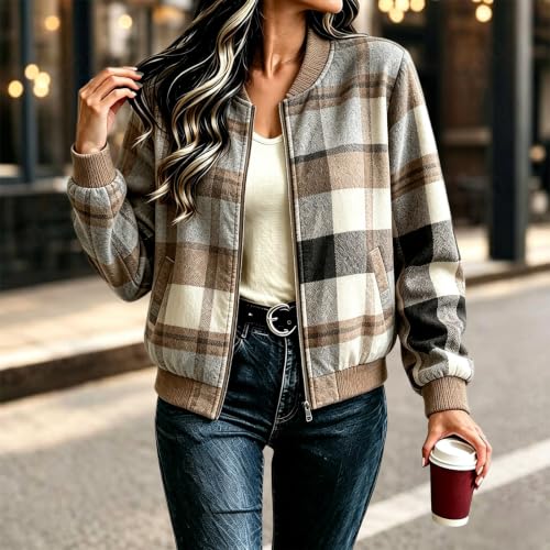 JiXiang Plaid Jacket Women Long Sleeve Stand Collar Baggy Outwear Casual Zip Up Lightweight Fall Winter Trendy Bomber Shacket - image 3