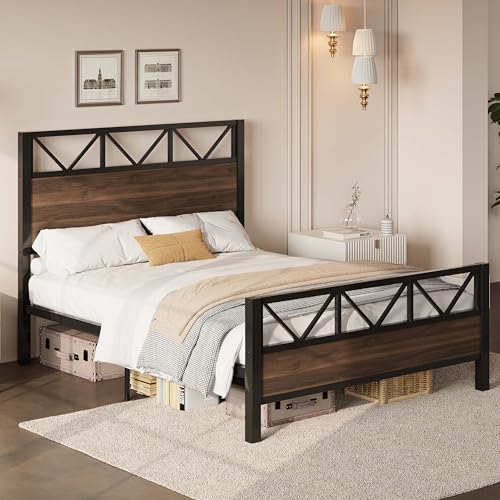 Image of LIKIMIO Queen Bed Frame, Tall Industrial Headboard 51.2 inch, Platform Bed Frame with Strong Metal Support, Solid and Stable, Noise Free, No Box Spring Needed, Easy Assembly, Walnut