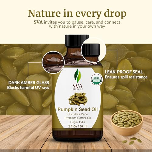 Image of SVA Pumpkin Seed Oil Organic - 2 Fl Oz - 100% Natural Cold Pressed Pumpkin Seed Oil - for Face, Skin Care, Hair Care, Scalp Massage & Body Massage - with Dropper