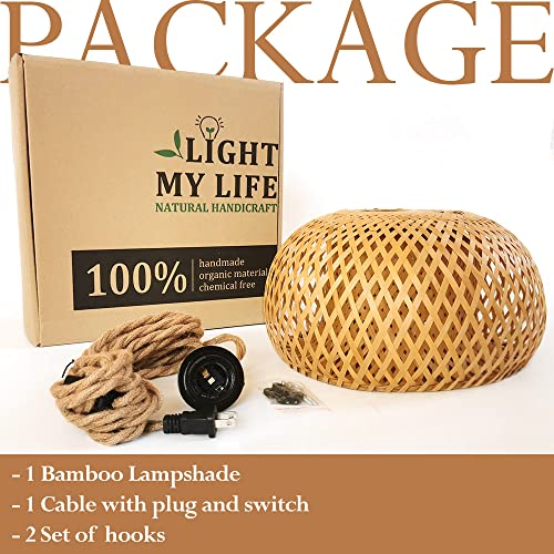 Zovo Notton Handmade Pendant Light With Plug In Cord 11.8 Inch Bamboo Ceiling Lamp Natural Rattan Hanging Lighting Fixture With Hemp Rope Woven Chandelier Bowl Shape #TOP1