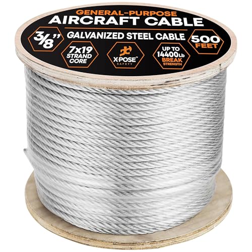 Image of Xpose Safety 3 /8 inch Galvanized Steel Aircraft Cable Wire - 500 ft Reel, 7x19 Strand, 14,400 lb Break Strength - for Pulley System, Winch, Marine, Deck Railing, Fencing, Zipline