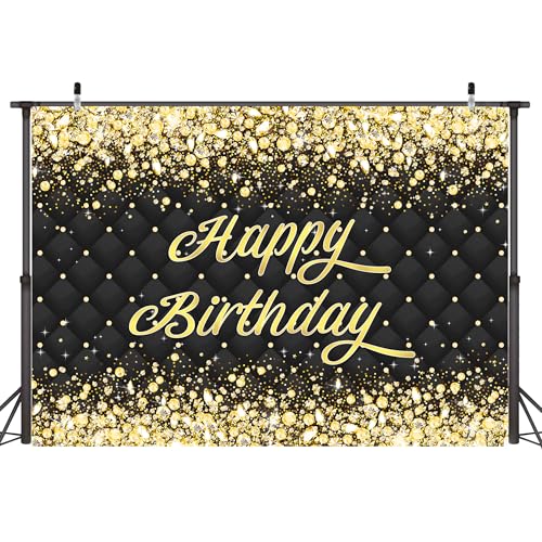 Image of Birthday Decorations Backdrop 10 x 8 ft Green Golden Happy Birthday Banner Large Birthday Party Background for Men Women Kids Photo Shoot Supplies (Black-Birthday, 10 * 8 ft)