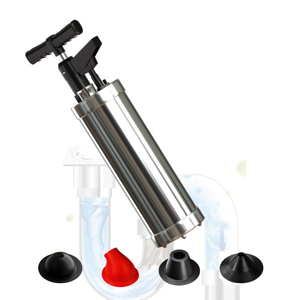 Desatascador Tuberias Profesional con 4 Ventosas, Desatascador Tuberias a Presion con Manómetro Visual, Desatascador de Presion Multifuncional, para Baño Cocina Inodoro, Plateado