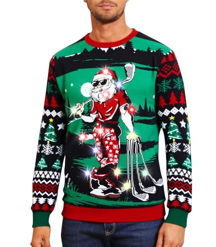 RAISEVERN LED Men Ugly Christmas Sweater Golf Santa Claus Funny