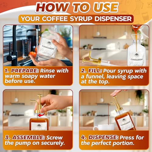Image of Set of 4 Glass Syrup Bottles for Coffee Bar - 16.9oz 500 ml Coffee Syrup Dispenser with Pump, 18 Marked Labels, Leak-Proof, Easy Cleaning - Drink Station Accessories | Event Ready (Golden Pumps)