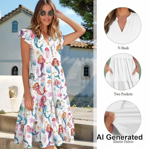 Image of Womens Summer Dress Ruffle Sleeve V Neck Dress Casual Fit Flowy Beach Vacation Sundress with Pocket S-2XL