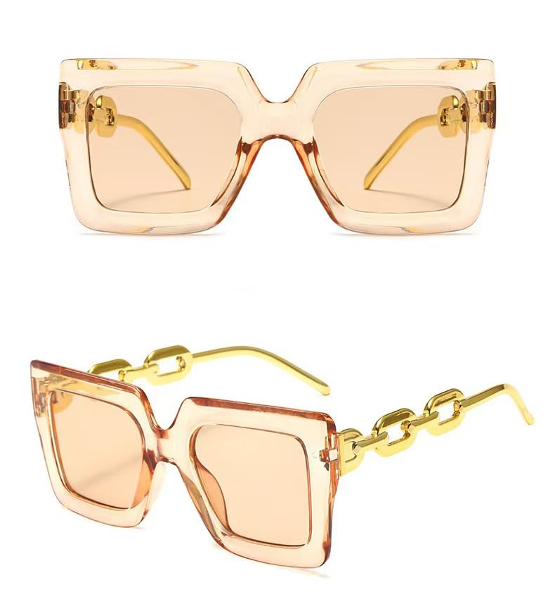 Rikss Oversized Square Sunglasses with Gold Chain Arms, PC Frame, Unisex, UV Protection