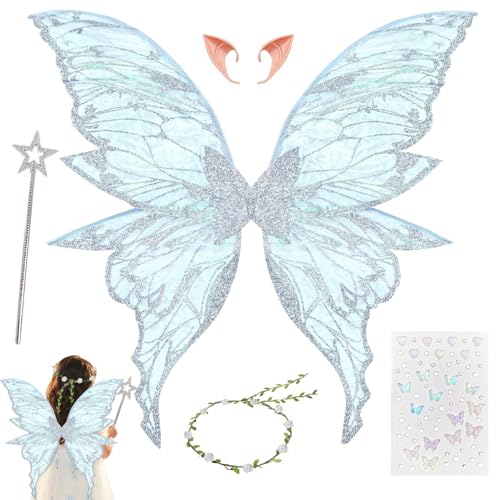 HuaMuDM Alas de Hadas para Adultos,Alas de Mariposa,Elf Ears,Varita Mágica,Flower Wreath,Pegatinas, Halloween,Navidad,Carnaval,Fiesta Temática