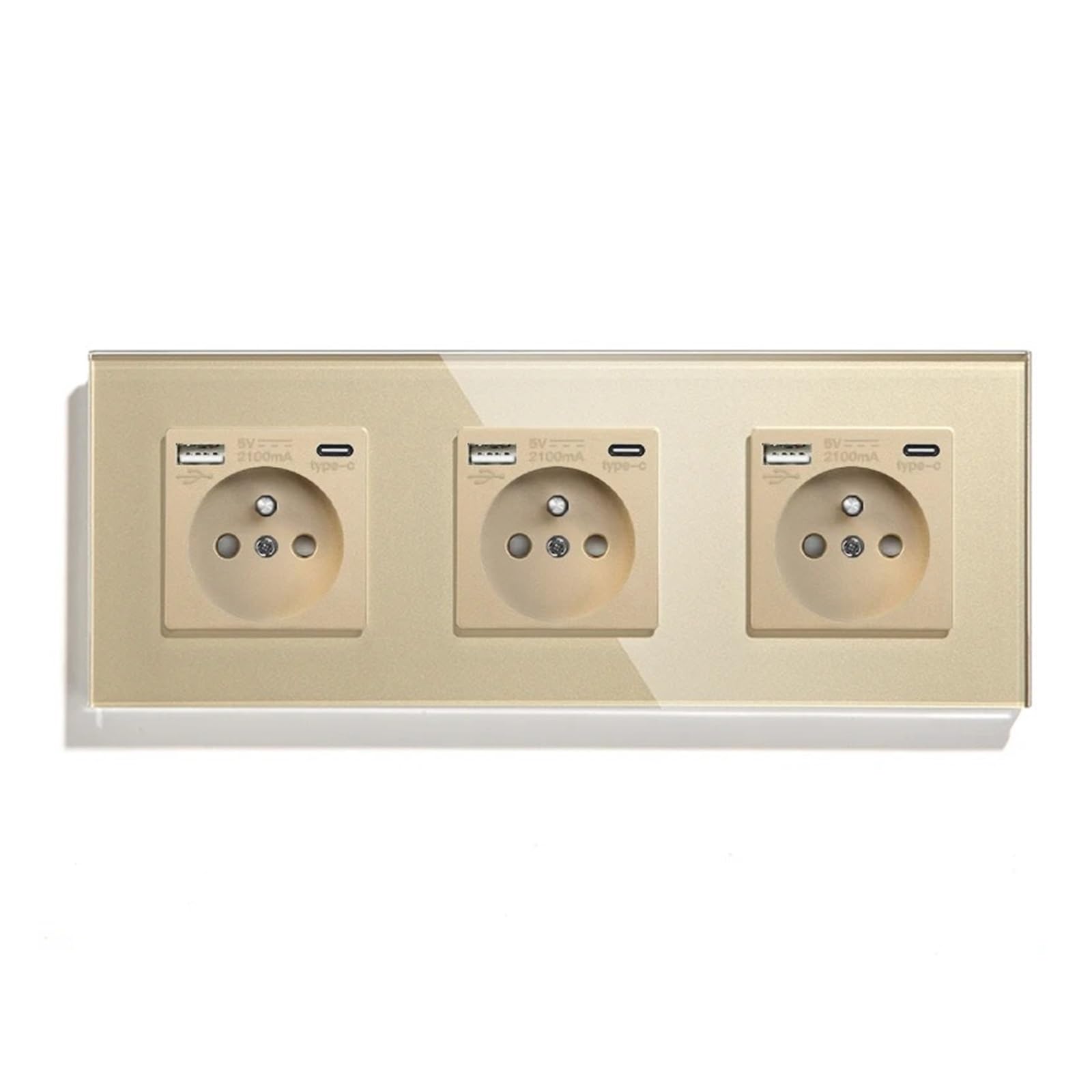 Prises de courant murales simples, Standard français, Double prise de Port USB type-c, panneau en verre cristal, Protection des enfants 16A(Triple Socket Gold)