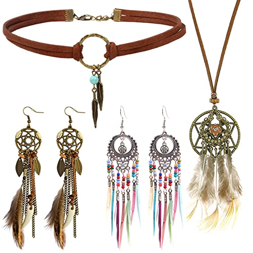 Boho Schmuck Set für Damen Bohemian Feder Traumfänger Ohrringe Drop Leder Choker Halskette Vintage Bohemian Feder Anhänger Ohrringe Handmade Retro Türkis Schmuck Anhänger Boho Stammes Schmuck Sets Cover