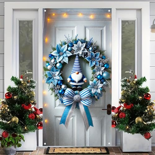 Image of BlissYard Christmas Door Cover 35x71 Inch Gnome Wreath Holiday Decor