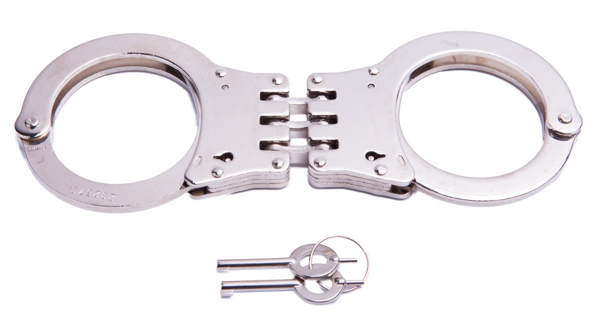 CampCo UZI UZI-HC-H-S High Tensile Steel Hinged Double Lock Handcuffs with Two Keys, Silver