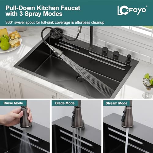33 inch Waterfall Drop in Kitchen Sink Workstation with Faucet - 33x22 16 Gauge Stainless Steel Black Topmount Single Bowl Multifunctional Smart Waterfall Sink with Faucet Combo & Cup Washer