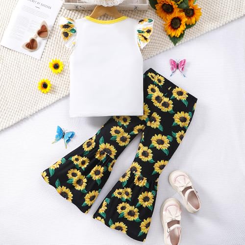Image of Girls summer clothing 2PCS floral elements, pleated sleeve top flared pants set, suitable for 4T-12Y