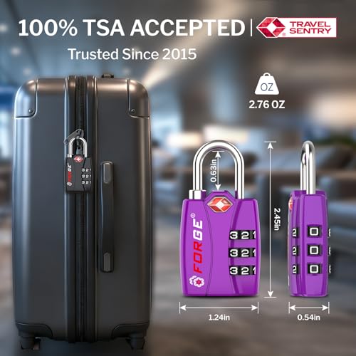 Image of Forge Open Alert TSA Approved Luggage Locks - 3 Digit Combination, Easy Read Dials, Zinc Alloy Body (Purple 2 Locks)