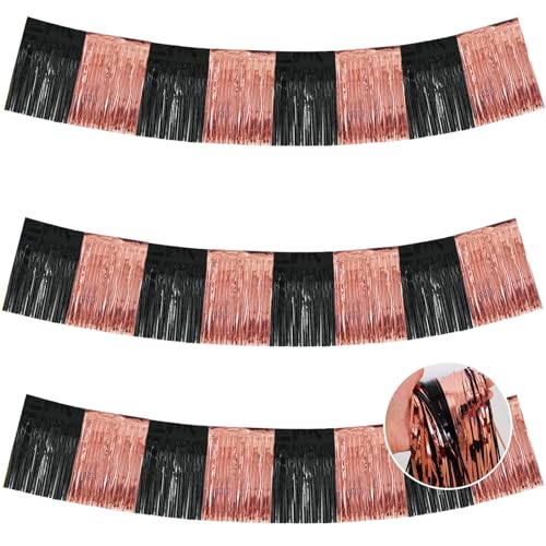 Image of BEISHIDA 3 Packs Metallic Foil Fringe Garland Black Rose Wall Hanging Tinsel Fringe Banners for Car Floats Bridal Shower Wedding Birthday Graduation Holiday Party Decoration(30 Feet)