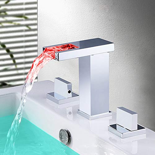 Buy 1 get 1 Two Handles Three Holes Waterfall LED Color Changing Chrome Bathroom Sink Faucet Lavatory Basin Tub Filler Faucet Mixer Taps (Chrome)
