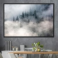 Framed Canvas Wall Art Foggy Mountains Aerial Cool Multicolor Nature Photography Realism Relax/Calm Rustic Wilderness - 16x24 inches