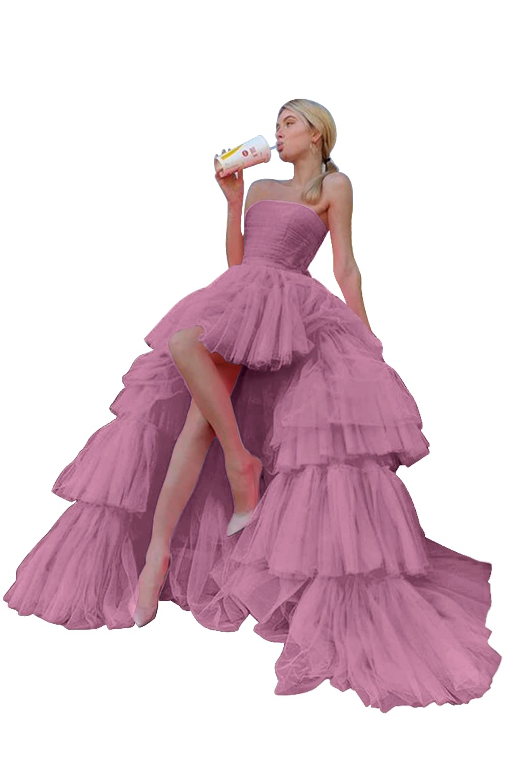 Sevintage High Low Tulle Prom Dress for Women Long Strapless Layered Formal Party Dresses with Train