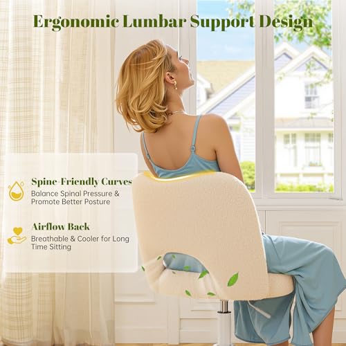 Image of DurayLoly Vanity Chair with Open-Back,Off-White | Cute Desk Chair,360 Wheels , Soft Teddy Fleece, Height Adjustable