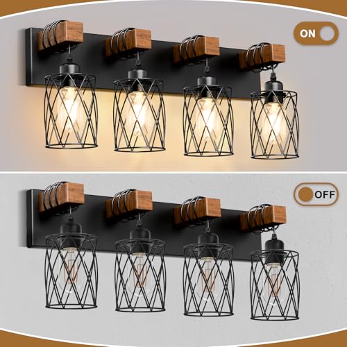 Image of IZORRO Farmhouse Bathroom Vanity Light, 4-Light Wood Bathroom Light Fixtures Over Mirror, Black Industrial Vanity Lights with Metal Shade, Rustic Restroom Lighting Fixtures