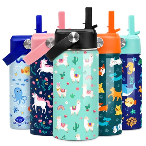 Image of SANDJEST Kids Water Bottle Alpaca Llama Water Bottles 12oz with Straw Insulated Stainless Steel Travel School Tumbler Double Wall Vacuum Cup for Girls Kid
