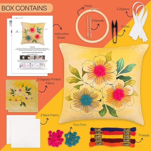 Image of picknMAKE Pack of 2 DIY Cushion Cover Hand Embroidery Kit Set for Beginners - Floral Bloom Cross-Stitch Pillow Covers | Home Decor | 16 inchx16 inch | Digitally Printed Pattern| All Materials Included