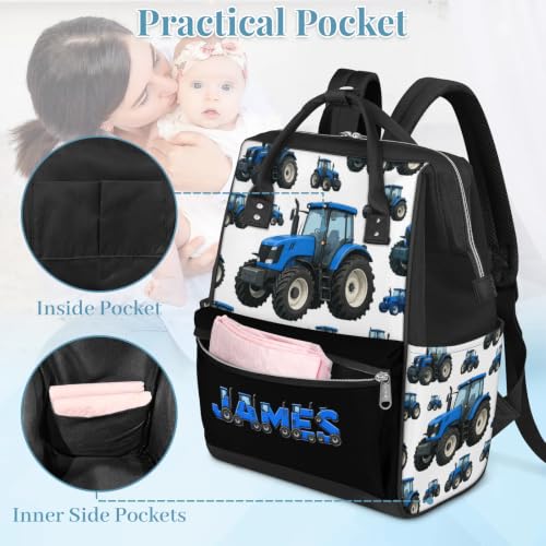 Image of Large Diaper-Bag-Backpack Waterproof Nappy-Bag Baby-Gifts Blue Tractor | Monogrammed Baby Backpack for Traveling Stroller Organizer Mommy Bag for New Parents Personalized Baby Shower Gifts