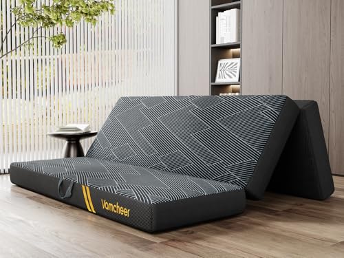 Vamcheer Tri Folding Mattress, 6 inch King Foldable Mattress, Tri-fold Memory Foam Mat with a Collapsible and Washable Cover, Handle & Non-Slip Bottom, for Travel/Guest, 80